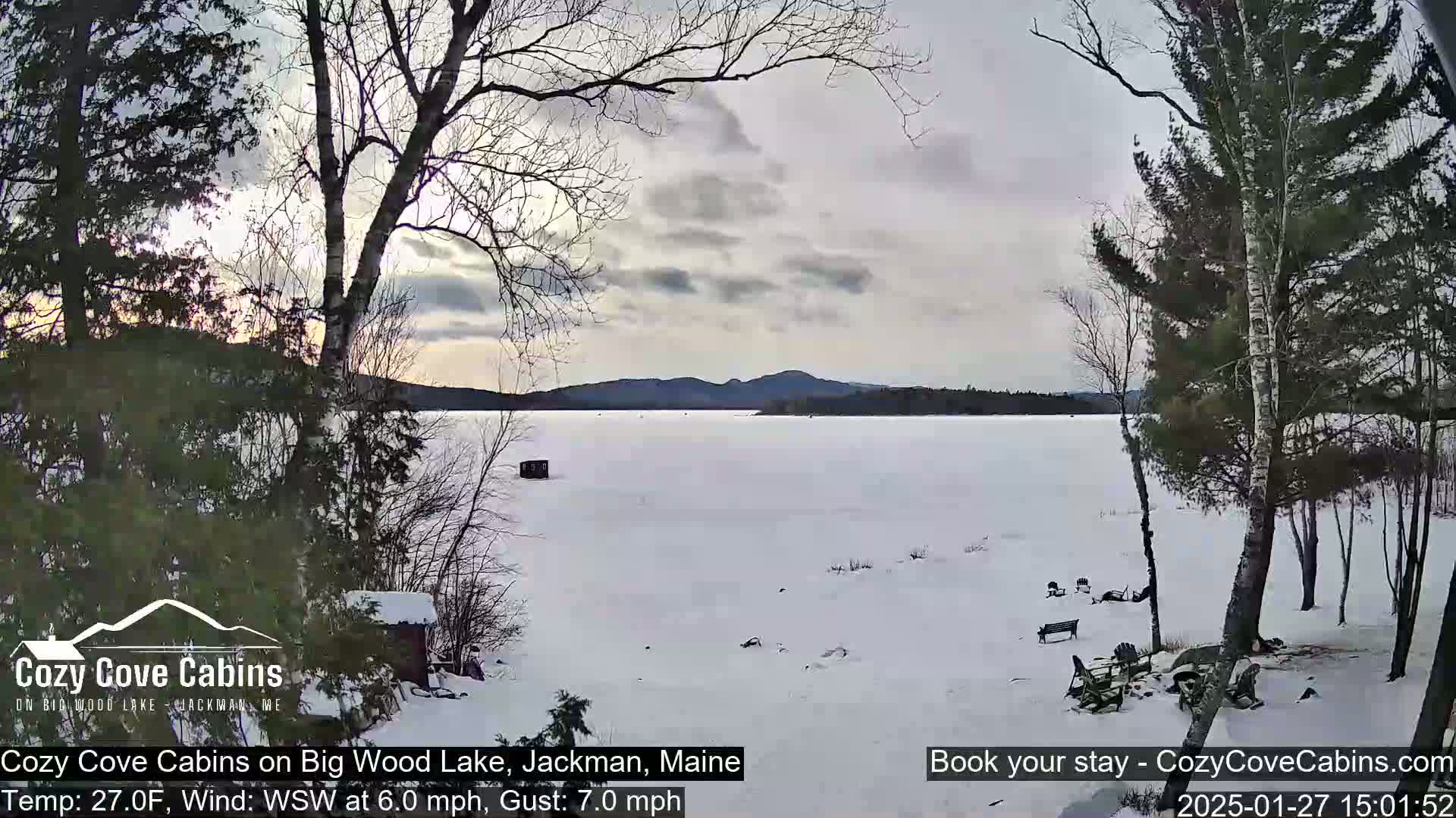 A snow-covered frozen lake is seen from a snowy shoreline, with bare trees and a cloudy sky.