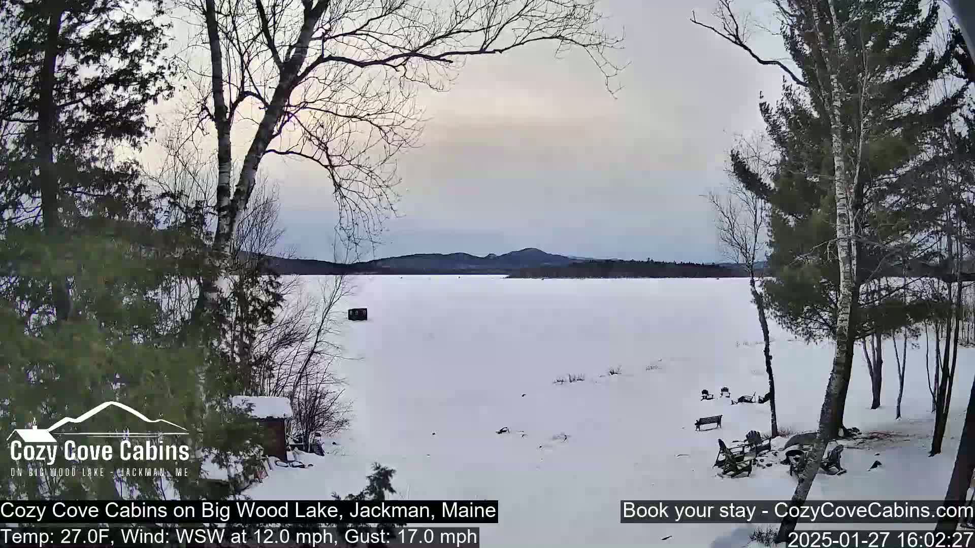 A snow-covered frozen lake is viewed from a snowy shoreline with leafless trees, under a cloudy sky.