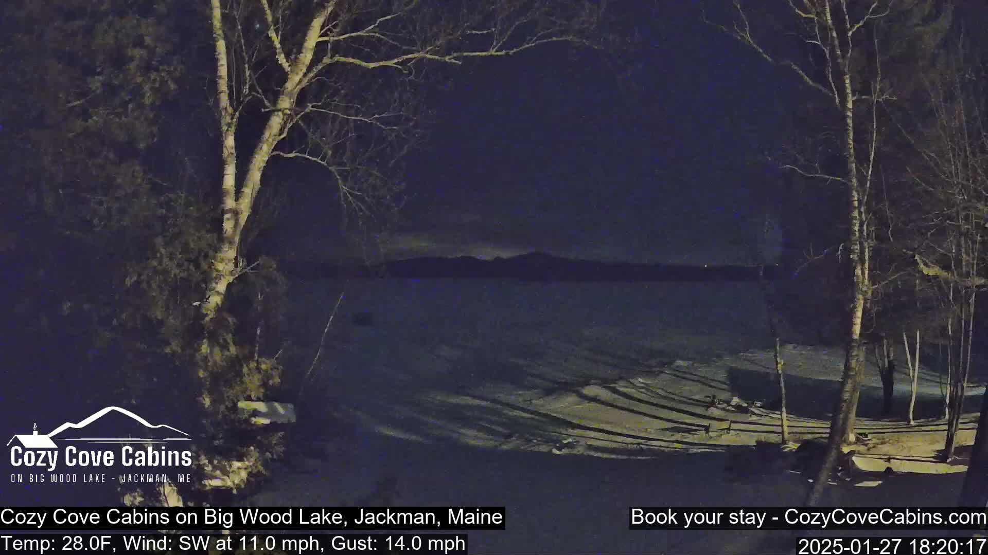 A nighttime view of a partly frozen lake, under a dark sky, with bare trees silhouetted against the water and snow on the ground.