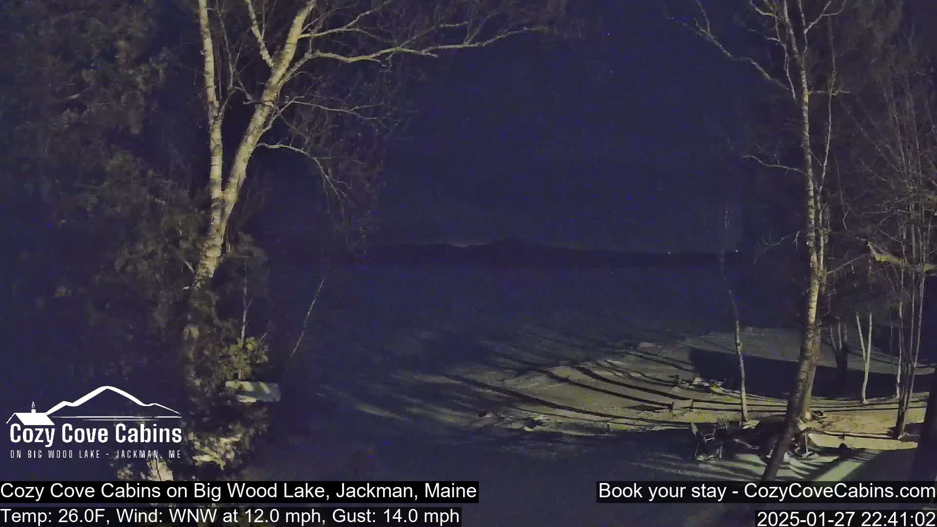 A nighttime view of a snow-covered lakeshore with bare trees under a dark, clear sky and a wind of 12 mph gusting to 14 mph.