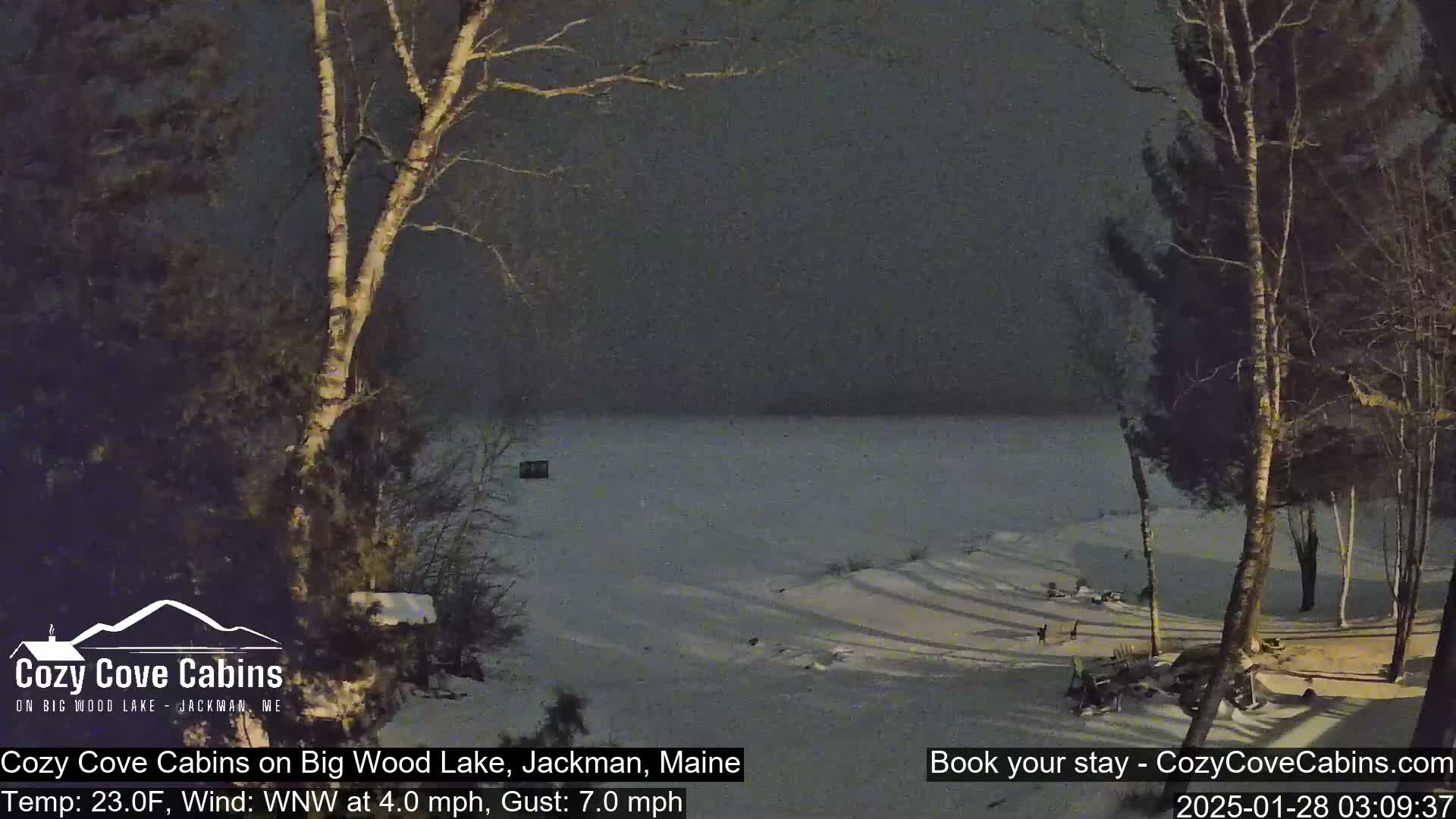 A snow-covered landscape at night shows a frozen lake viewed from a snowy shoreline with leafless trees under a dark sky.