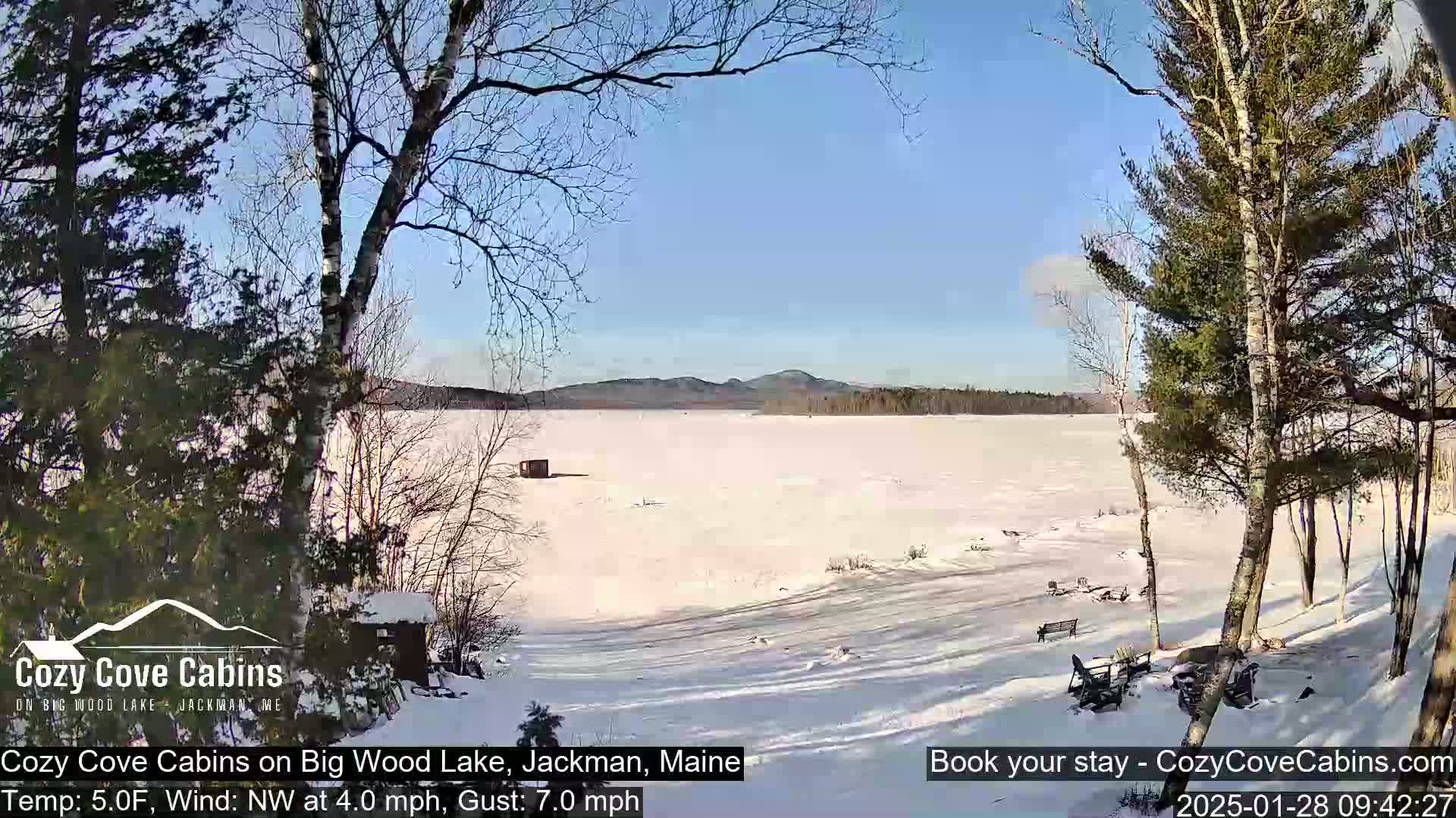 A snow-covered lake is seen from a snowy shoreline, with leafless trees in the foreground and distant mountains under a clear, sunny sky.