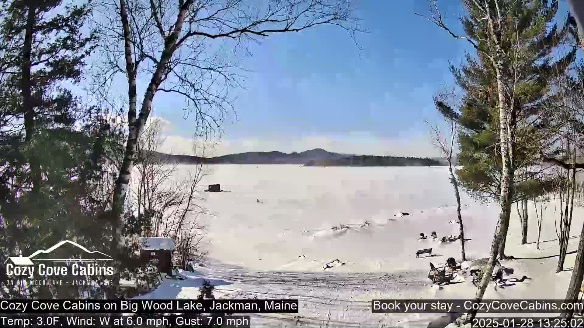 A snow-covered lake with a background of distant hills under a clear, sunny sky is seen from a snowy lakeside location with leafless trees.