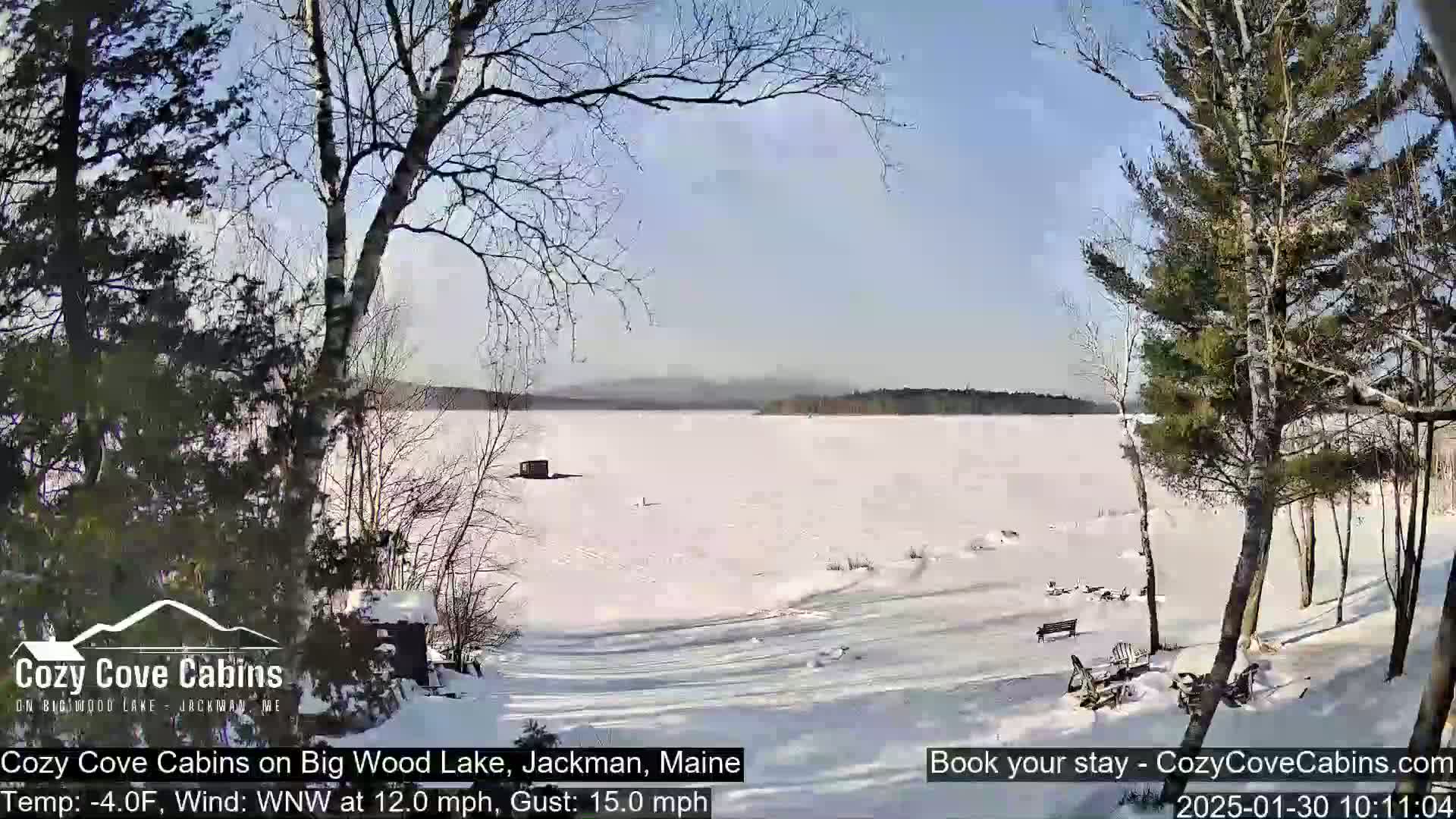 A snow-covered frozen lake is viewed from a snowy shoreline, with bare trees and evergreen trees in the foreground under a mostly clear, sunny sky.