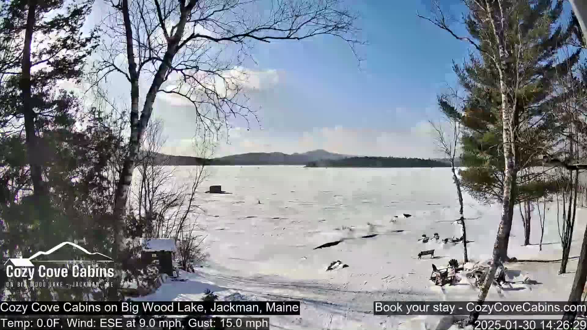 A partly sunny day with a 9 mph wind and gusts up to 15 mph shows a snow-covered shoreline of a frozen lake with bare trees and distant hills.