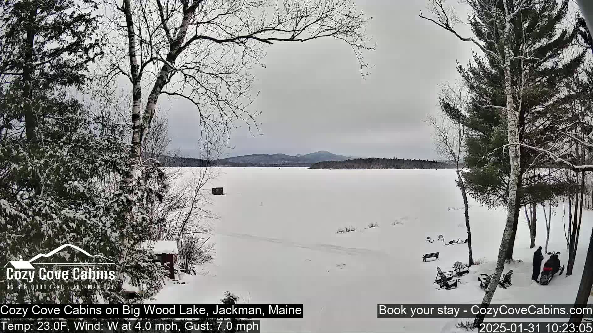 A snow-covered frozen lake is seen from a snowy shoreline with leafless trees and a snowmobile in the foreground under an overcast sky.