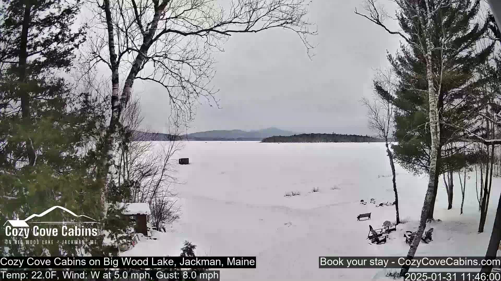 A snow-covered frozen lake is seen from a snowy shoreline, with bare trees and a small cabin visible in the foreground under an overcast sky.