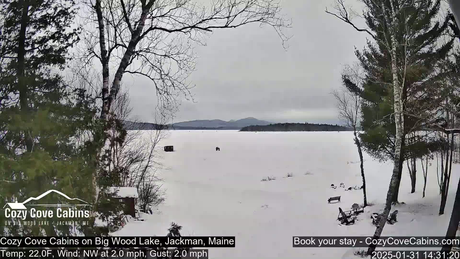 A snow-covered frozen lake is viewed from a snowy shoreline, with leafless trees and a few small structures visible in the foreground under an overcast sky.