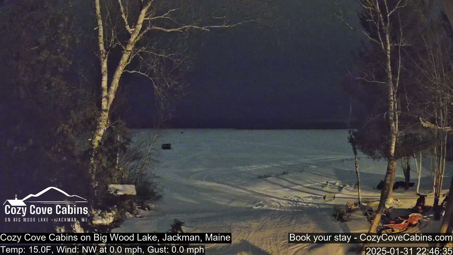 A snow-covered lake is visible at night under a dark sky, viewed from a snowy shoreline with bare trees.