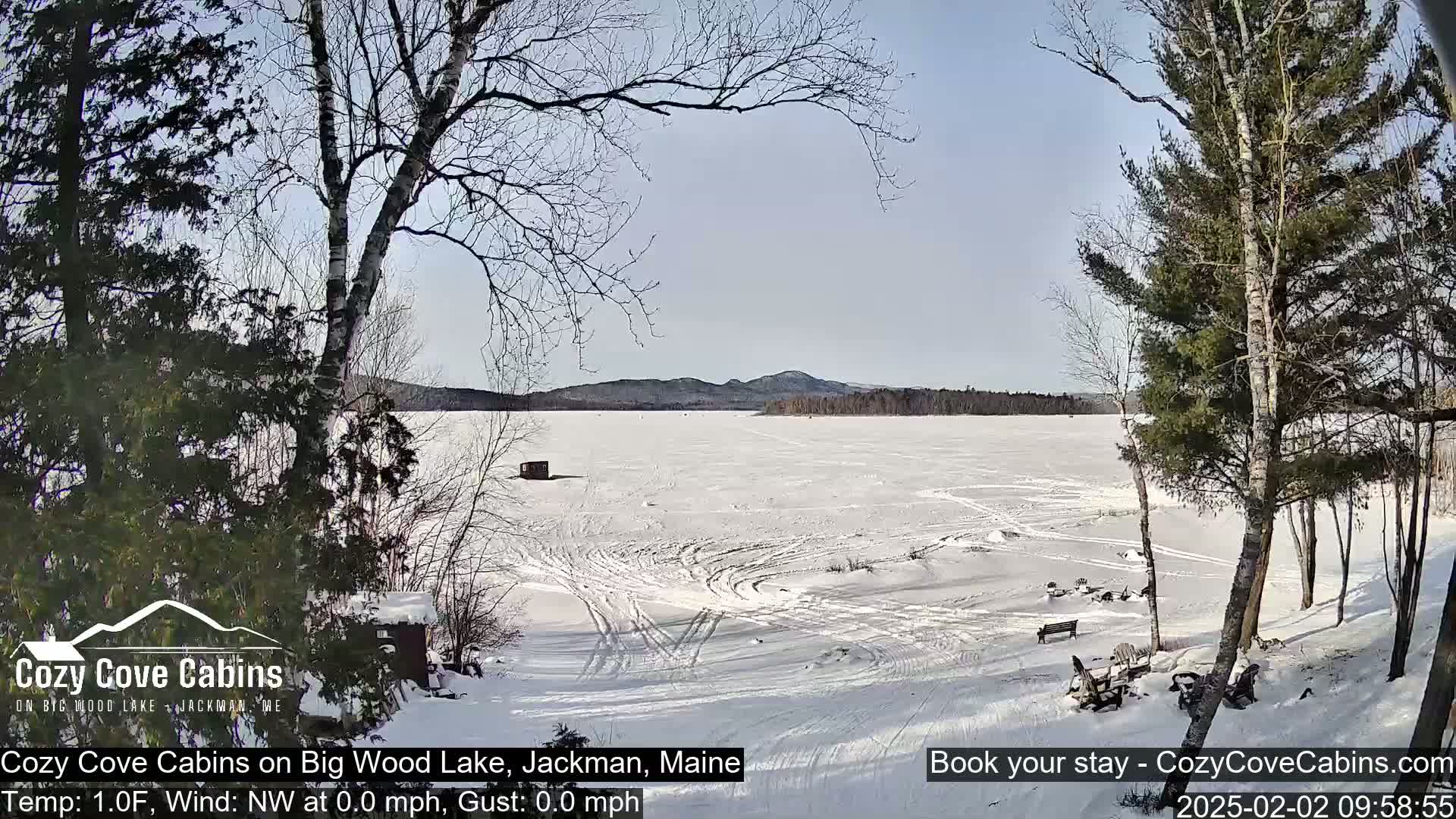 A snow-covered frozen lake is viewed from a snowy shoreline, under a sunny sky, with bare trees framing the scene.
