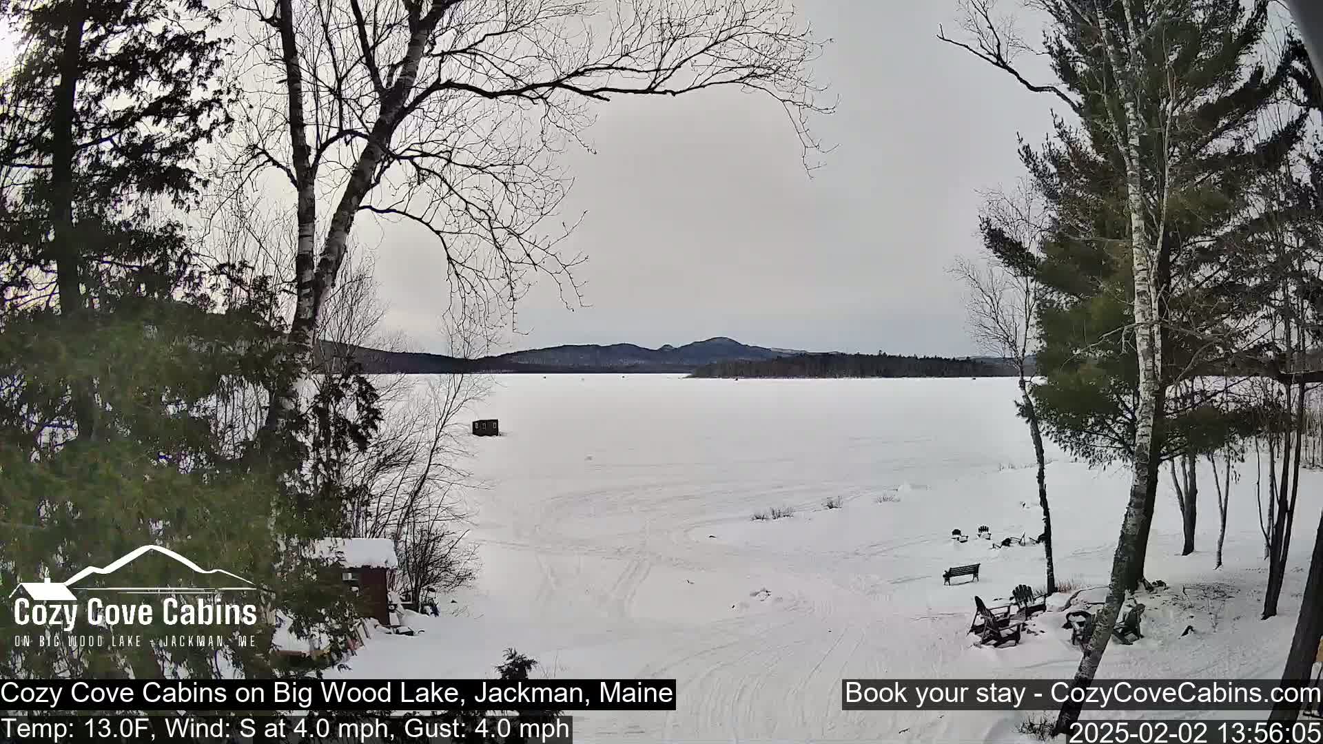 A snow-covered frozen lake is viewed from a snowy shoreline, with bare trees and a small cabin visible, under an overcast sky.