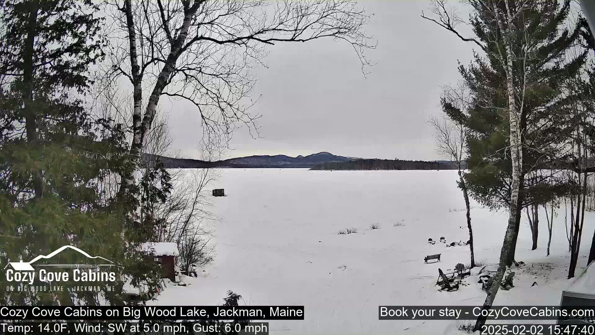 A snow-covered frozen lake is viewed from a snowy shoreline, with bare trees and a small cabin visible, under an overcast sky.