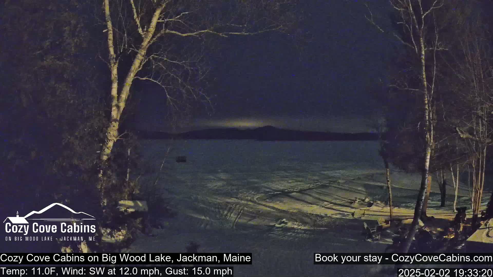 A nighttime view of a snow-covered lakeshore with bare trees, under a dark sky, shows a calm frozen lake with distant hills.