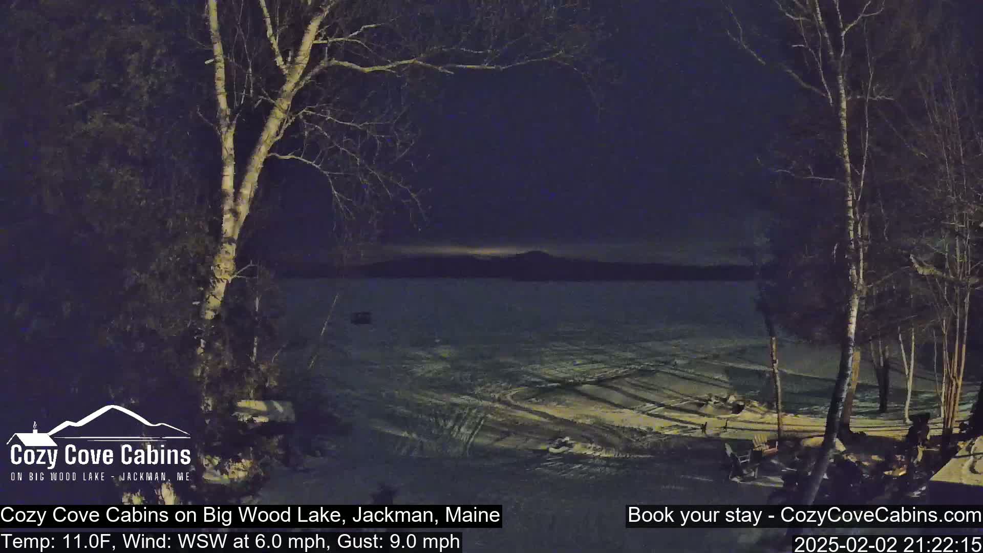A nighttime view of a snow-covered shoreline and frozen lake under a dark sky, with leafless trees in the foreground.