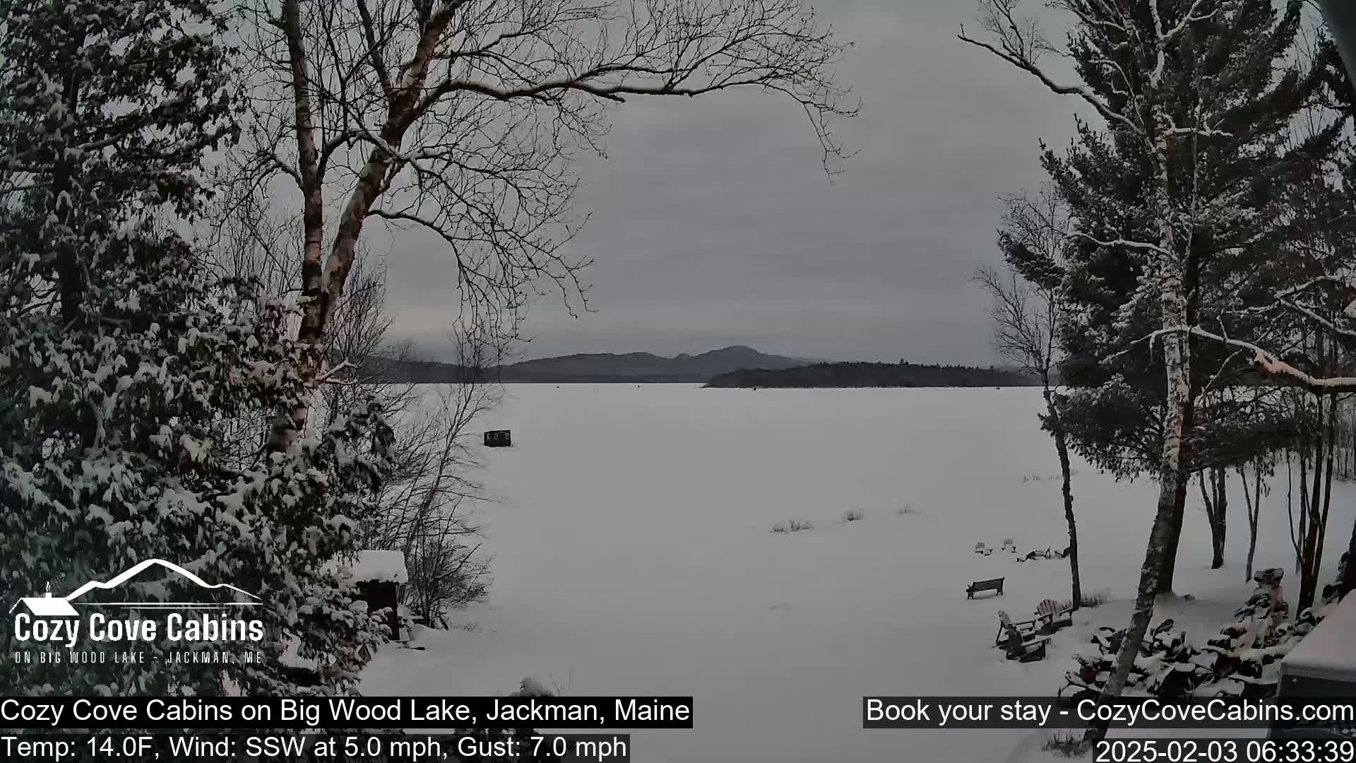 A snow-covered frozen lake is seen from a snowy shoreline with trees, under a gray sky.