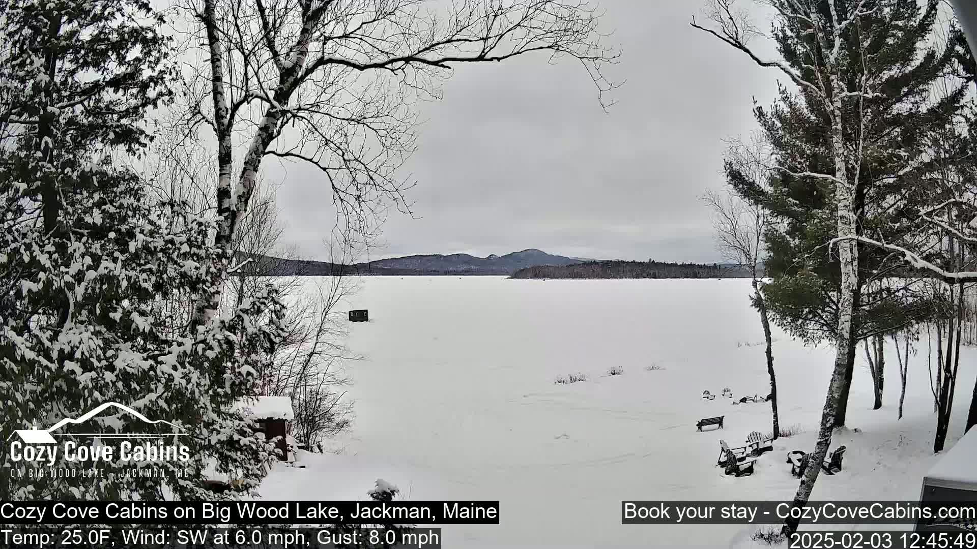 A snow-covered frozen lake is seen from a snowy shoreline with bare trees and a few outdoor chairs under an overcast sky.