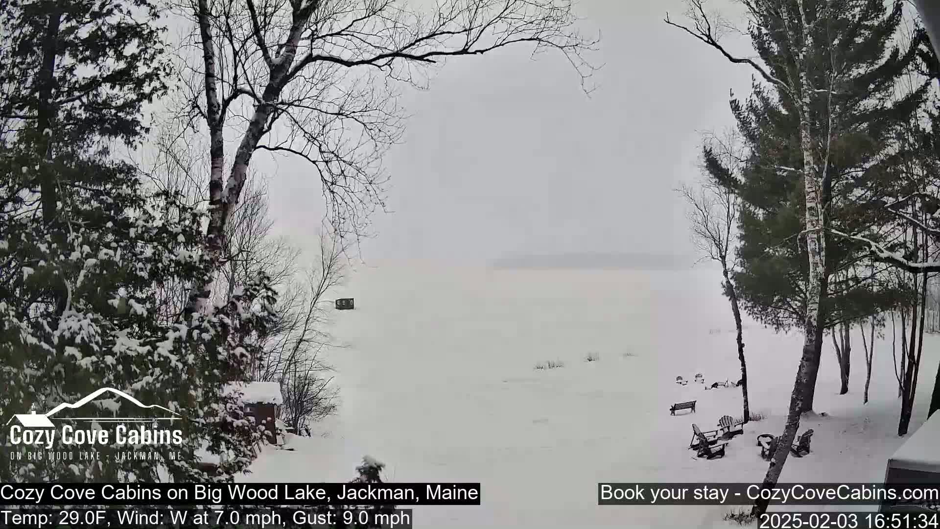 A snow-covered landscape shows a frozen lake under a hazy sky, with snow-laden trees and outdoor furniture in the foreground.