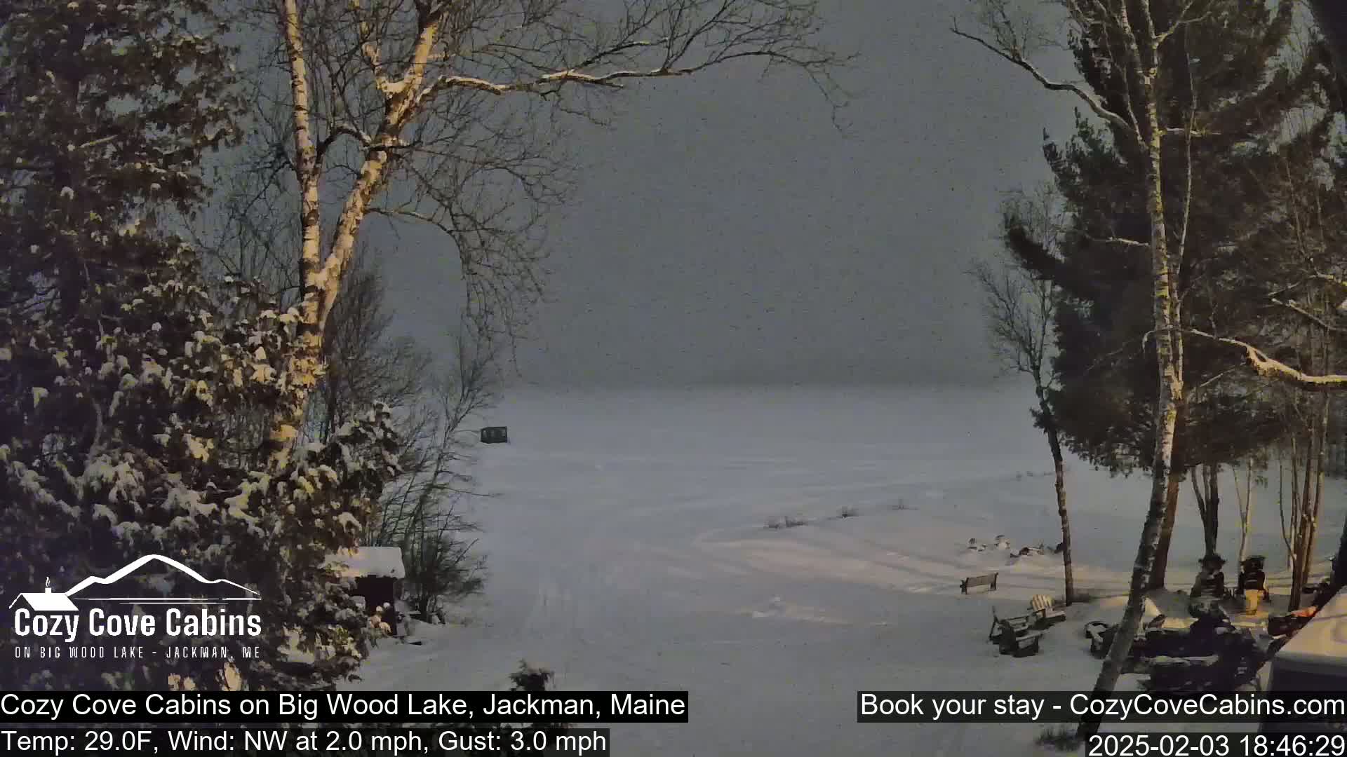 A snow-covered, frozen lake is seen from a snowy shoreline, under a gray, overcast sky.