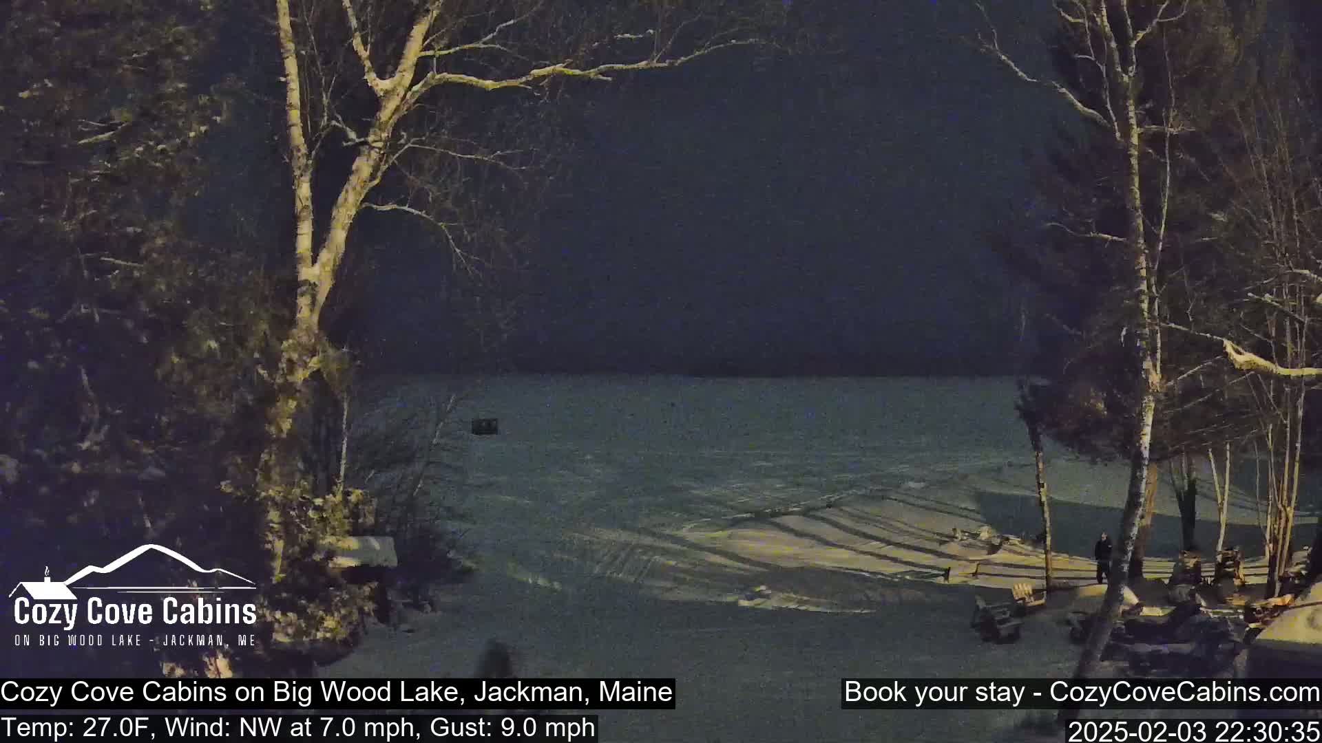 A snow-covered lakeshore at night is viewed from a cabin, with bare trees and a dark, partially frozen lake under a dark sky.