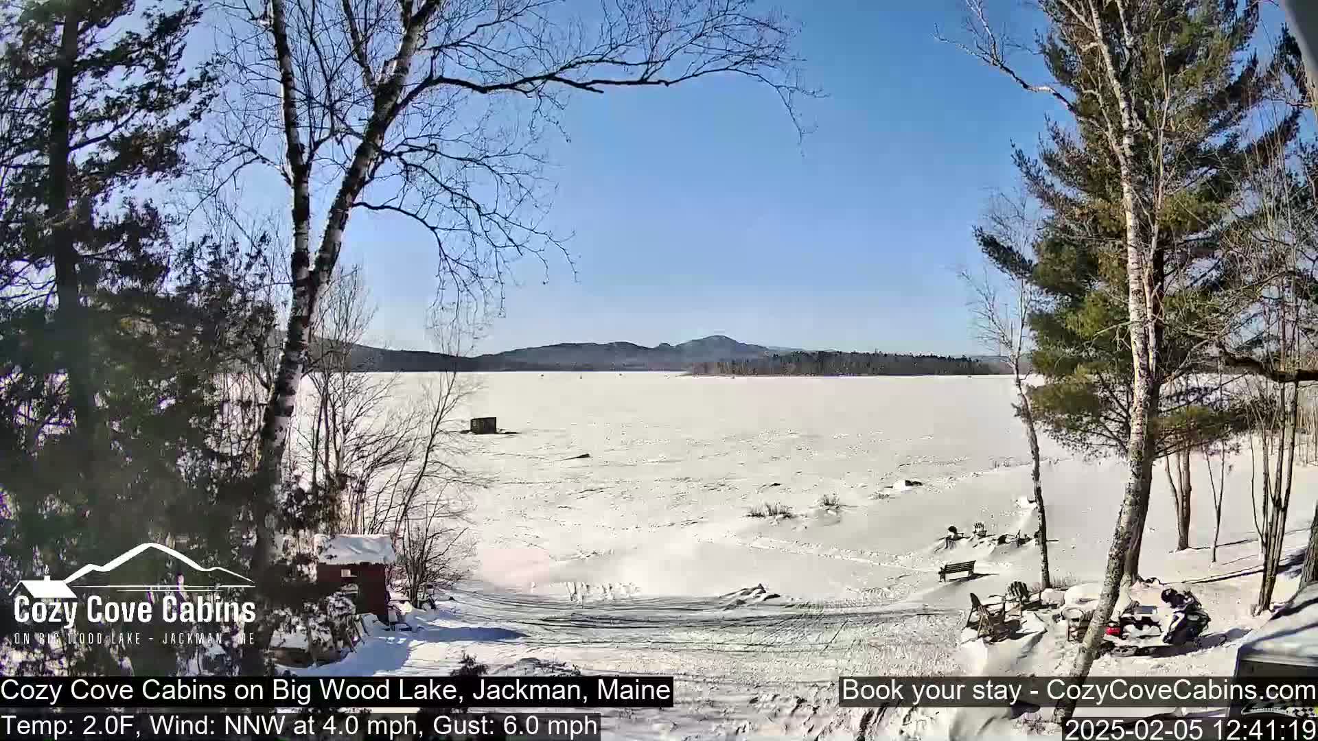 A snow-covered frozen lake stretches to distant hills under a clear blue sky, with bare trees and a snow-covered shoreline in the foreground.