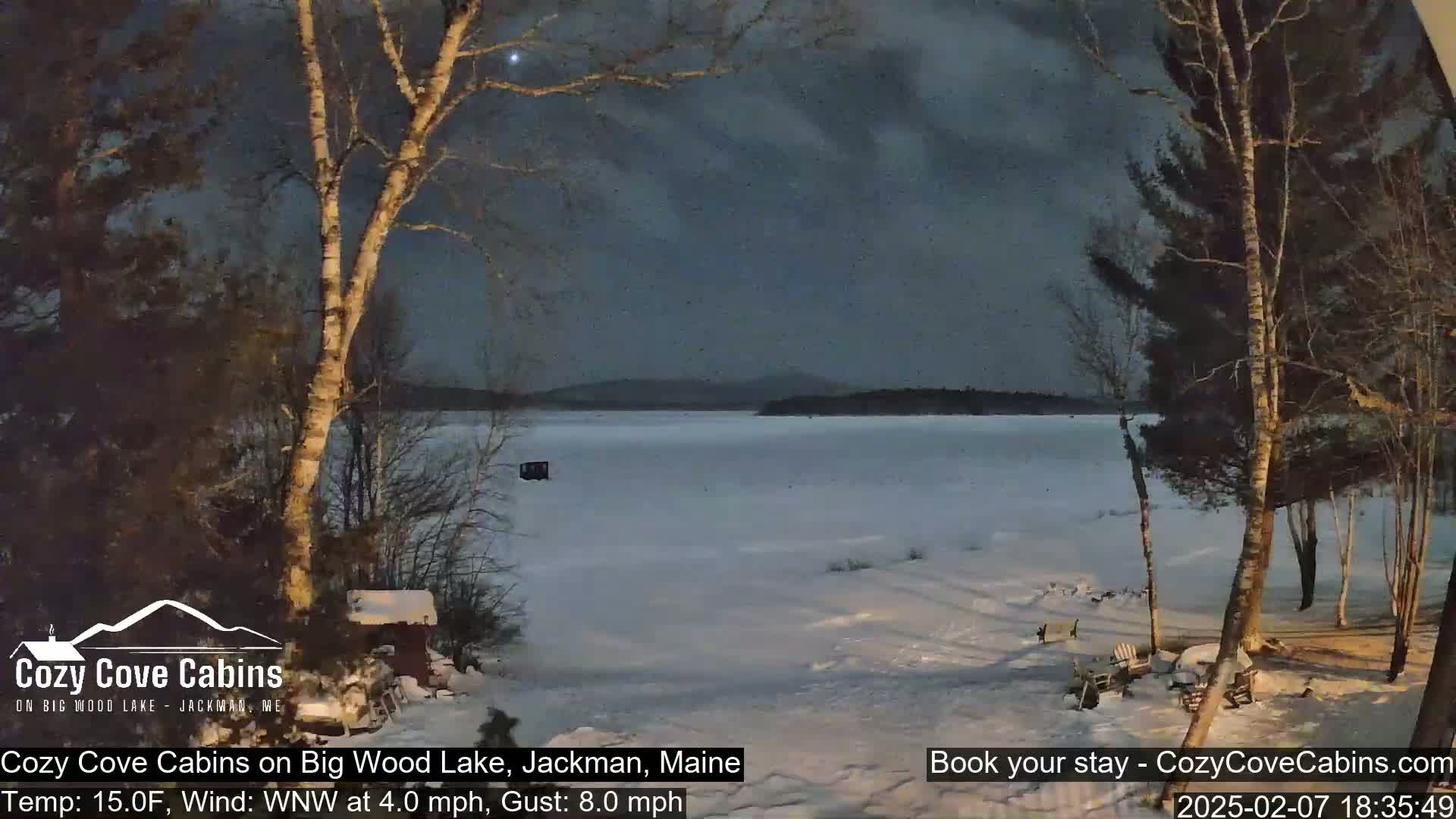 A snow-covered lakeshore at night under a dark, lightly falling snow sky, with bare trees silhouetted against the dim light.