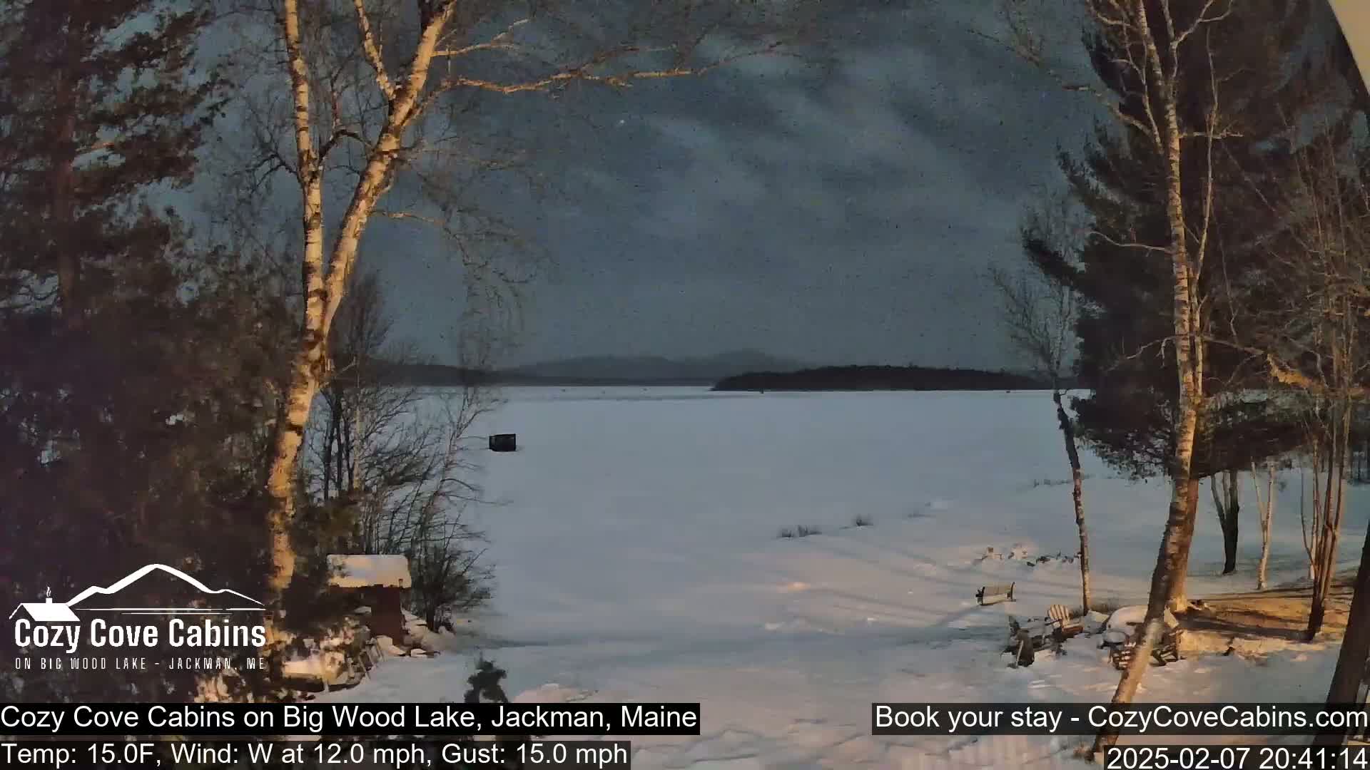 A snow-covered lake is seen from a snowy shoreline, under a dusky sky with a slight wind.