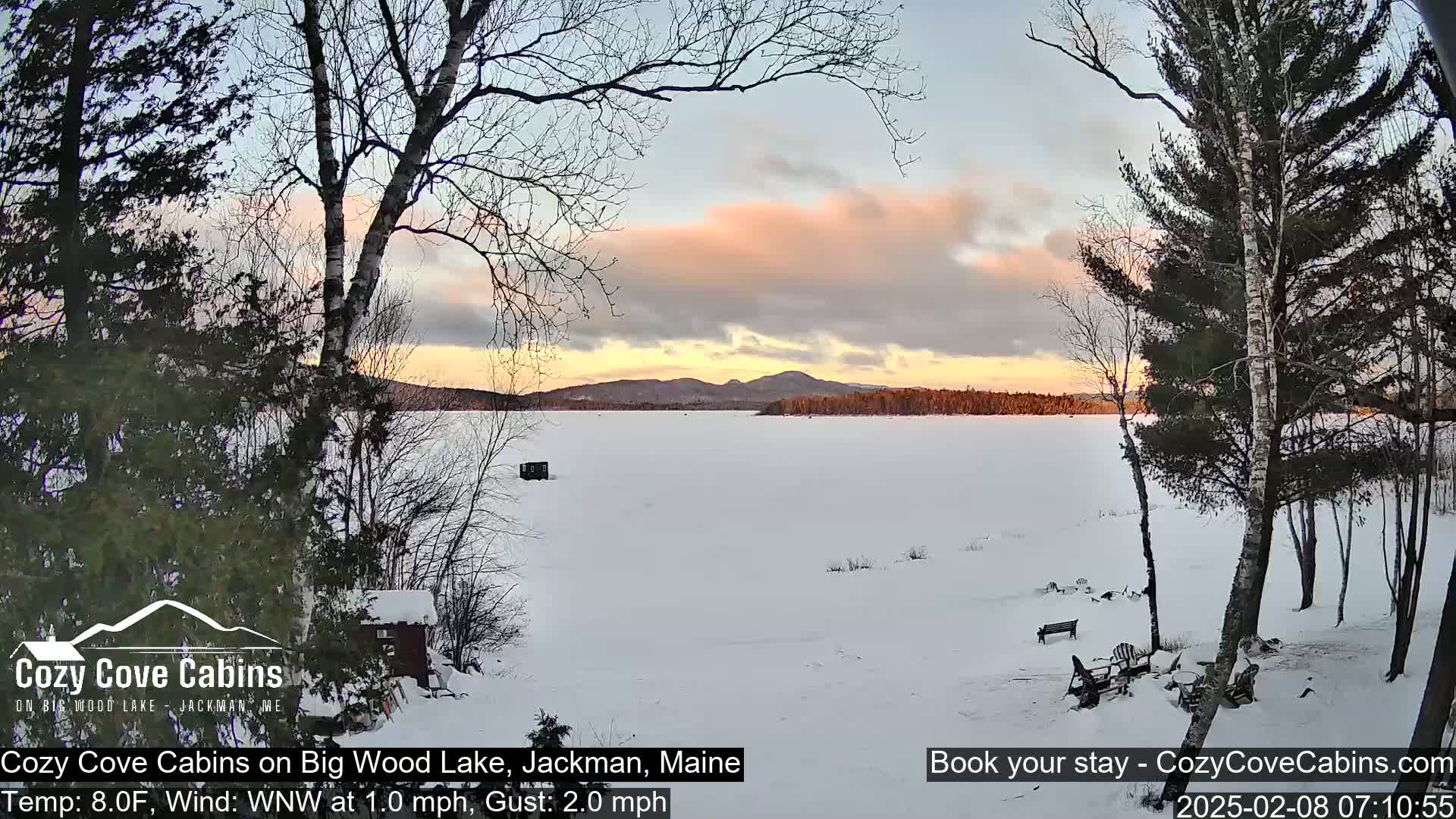 A snow-covered frozen lake with a pink-hued sunset, viewed from a snowy shoreline with leafless trees.