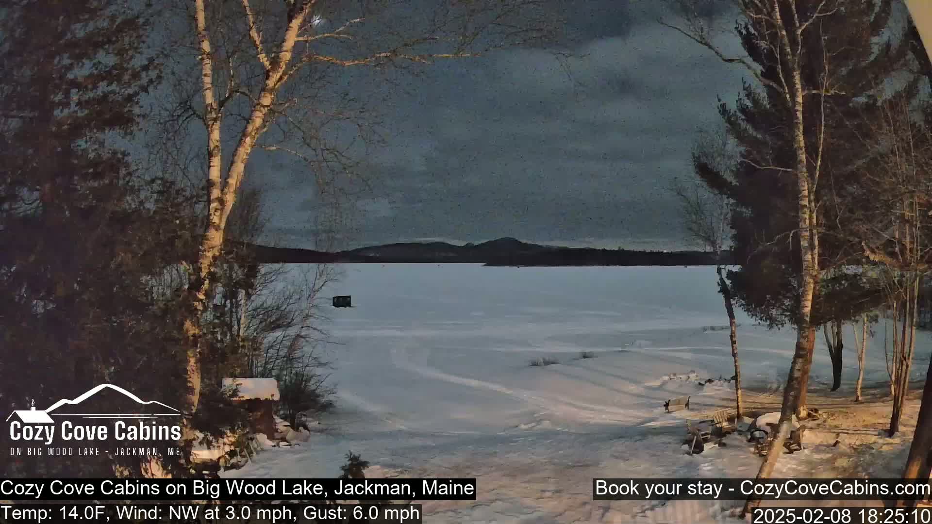 A snow-covered frozen lake is viewed from a snowy shoreline, under a gray, overcast sky, with bare trees in the foreground.