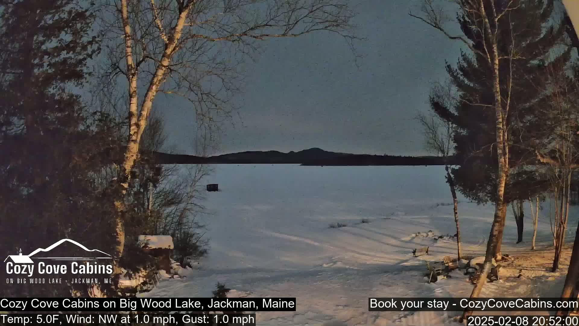 A snow-covered, frozen lake is visible at dusk, with bare trees in the foreground and a dark mountain range in the distance under a dusky sky.