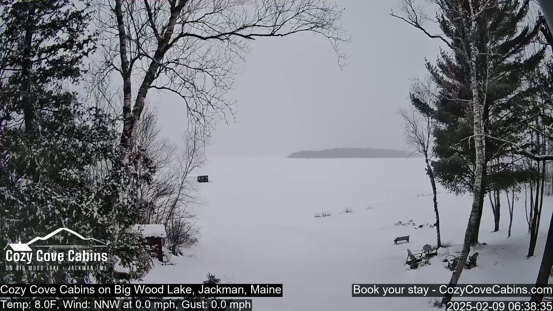 A snow-covered frozen lake is seen from a snowy shoreline with leafless trees and a small structure in the distance under a light snowfall.
