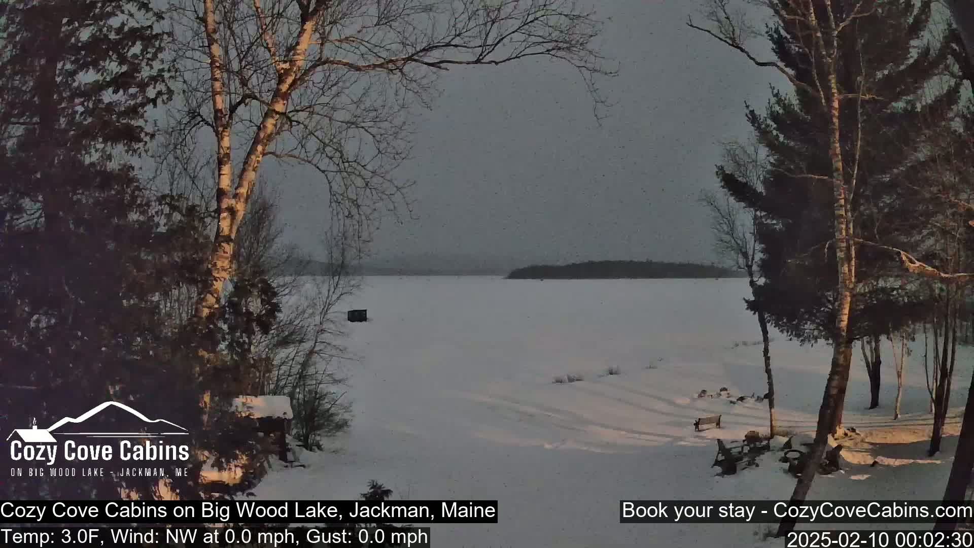 A snow-covered, frozen lake is visible from a snowy shoreline, under a gray, lightly snowing sky.