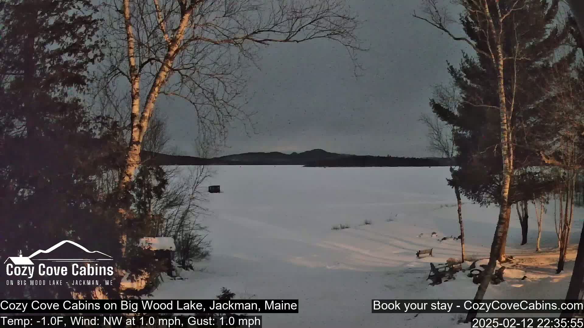 A snow-covered frozen lake is seen at twilight, with bare trees in the foreground and a dark mountain range in the background under a gray sky.