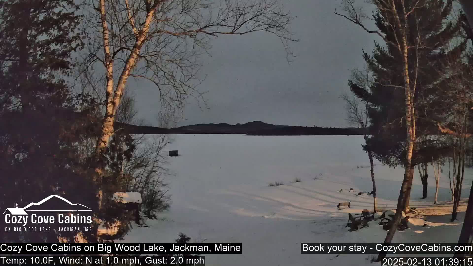 A snow-covered lake is viewed from a snowy shoreline, with bare trees in the foreground under a twilight sky.