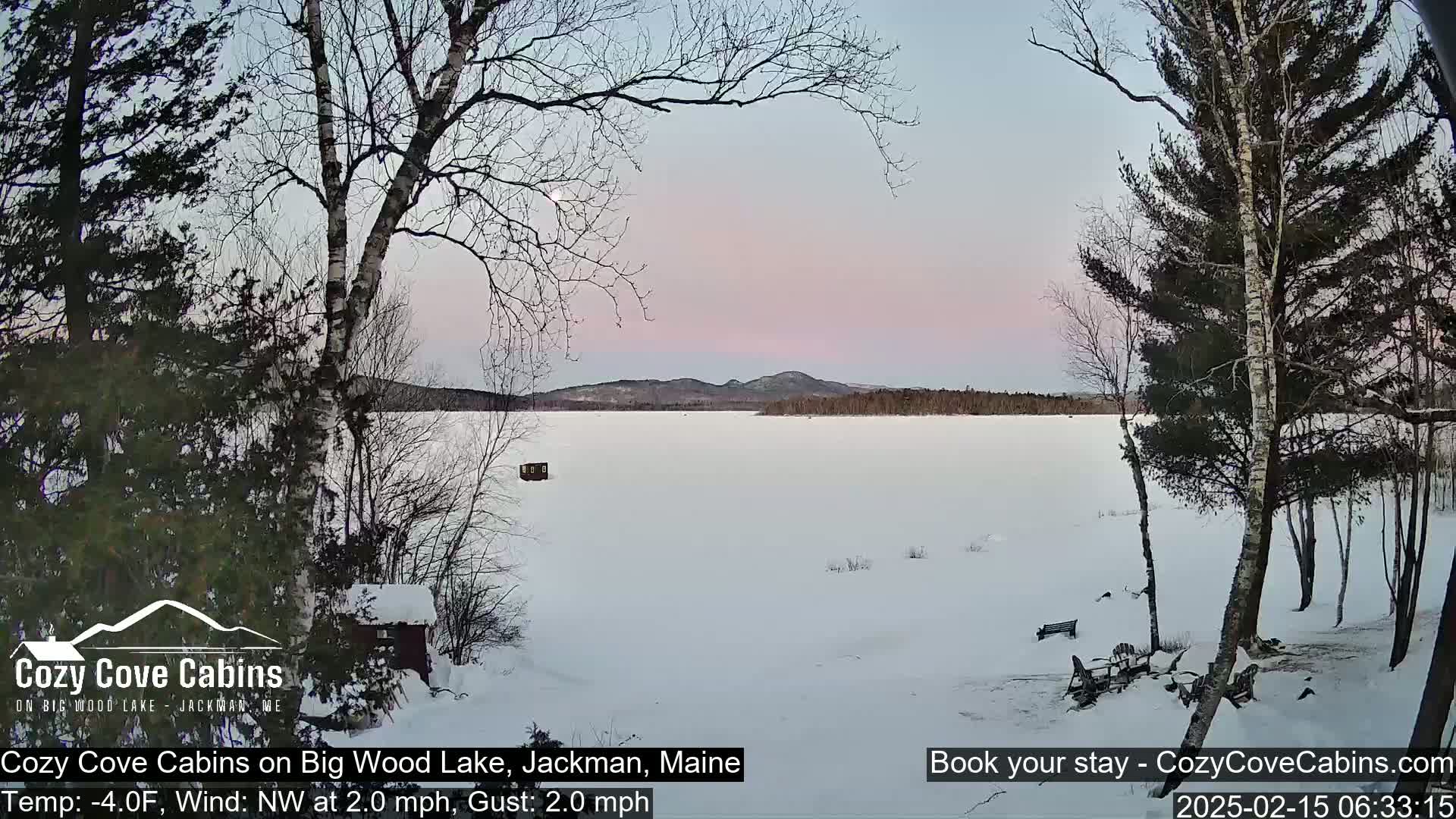 A snow-covered frozen lake is viewed from a snowy shoreline, with leafless trees and a pinkish sky in the background under a calm, cold sky.