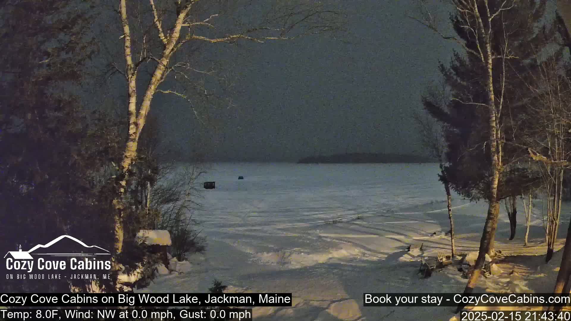 A snow-covered frozen lake is seen at night from a shoreline with bare trees under a dark sky.