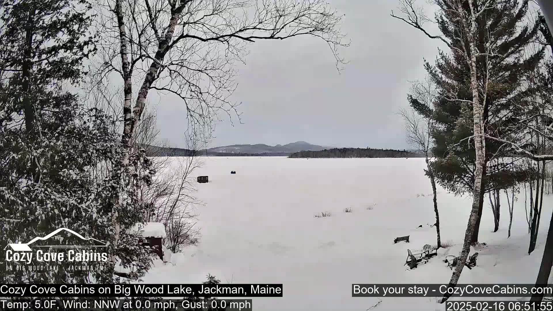 A snow-covered frozen lake is viewed from a snowy shoreline, with bare trees in the foreground and distant hills under an overcast sky.