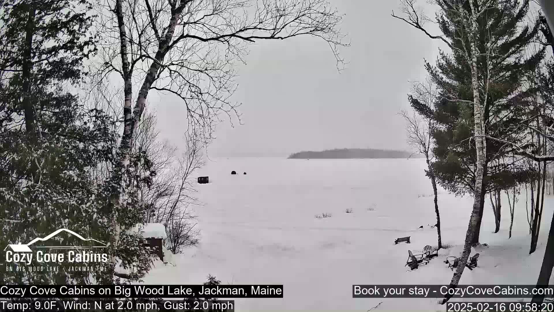 A snow-covered frozen lake is seen from a snowy shoreline, with leafless trees and some outdoor furniture visible in the foreground.
