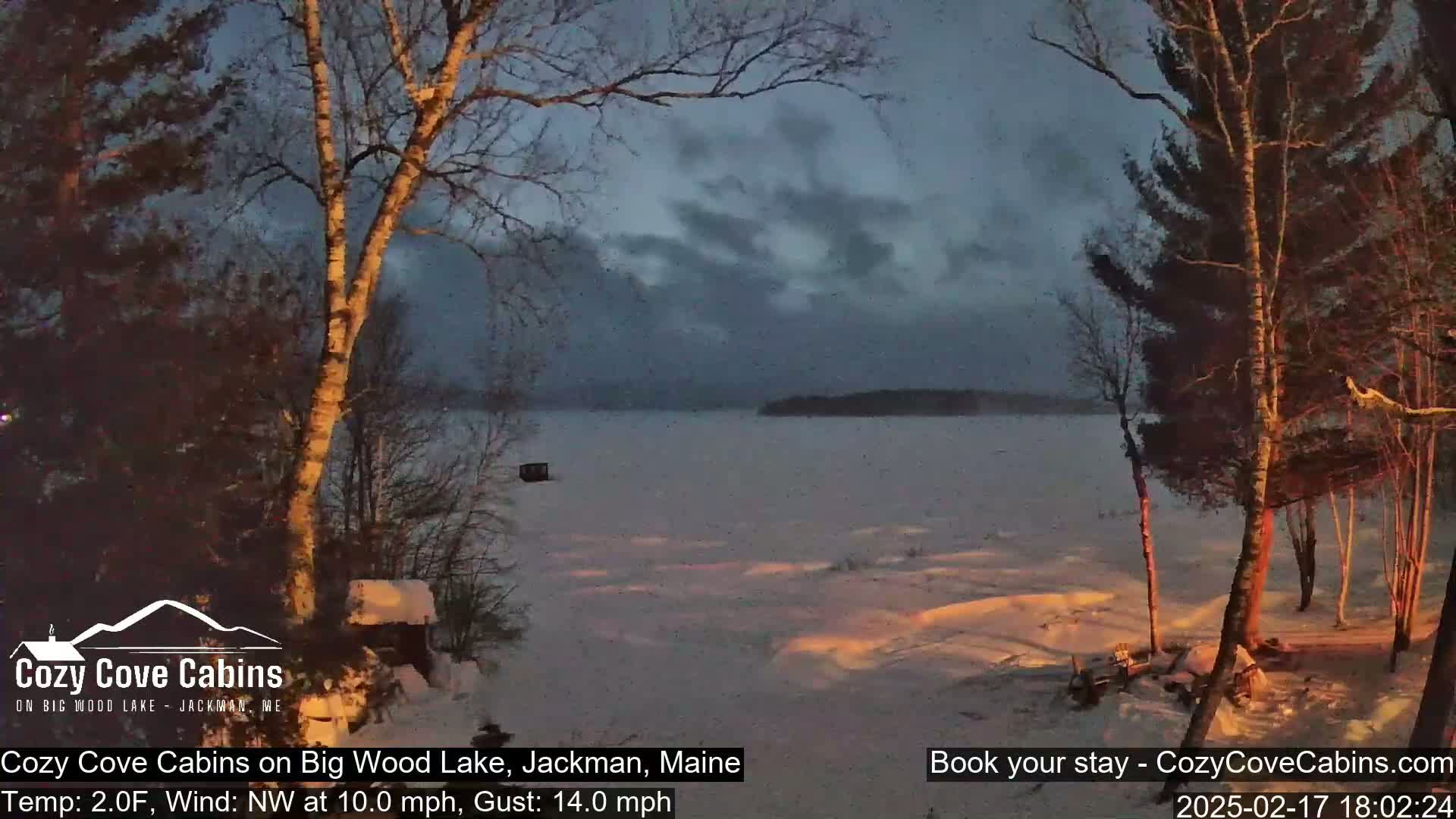 A snow-covered lake is seen at dusk under a cloudy sky, with bare trees in the foreground and a small island visible in the distance.