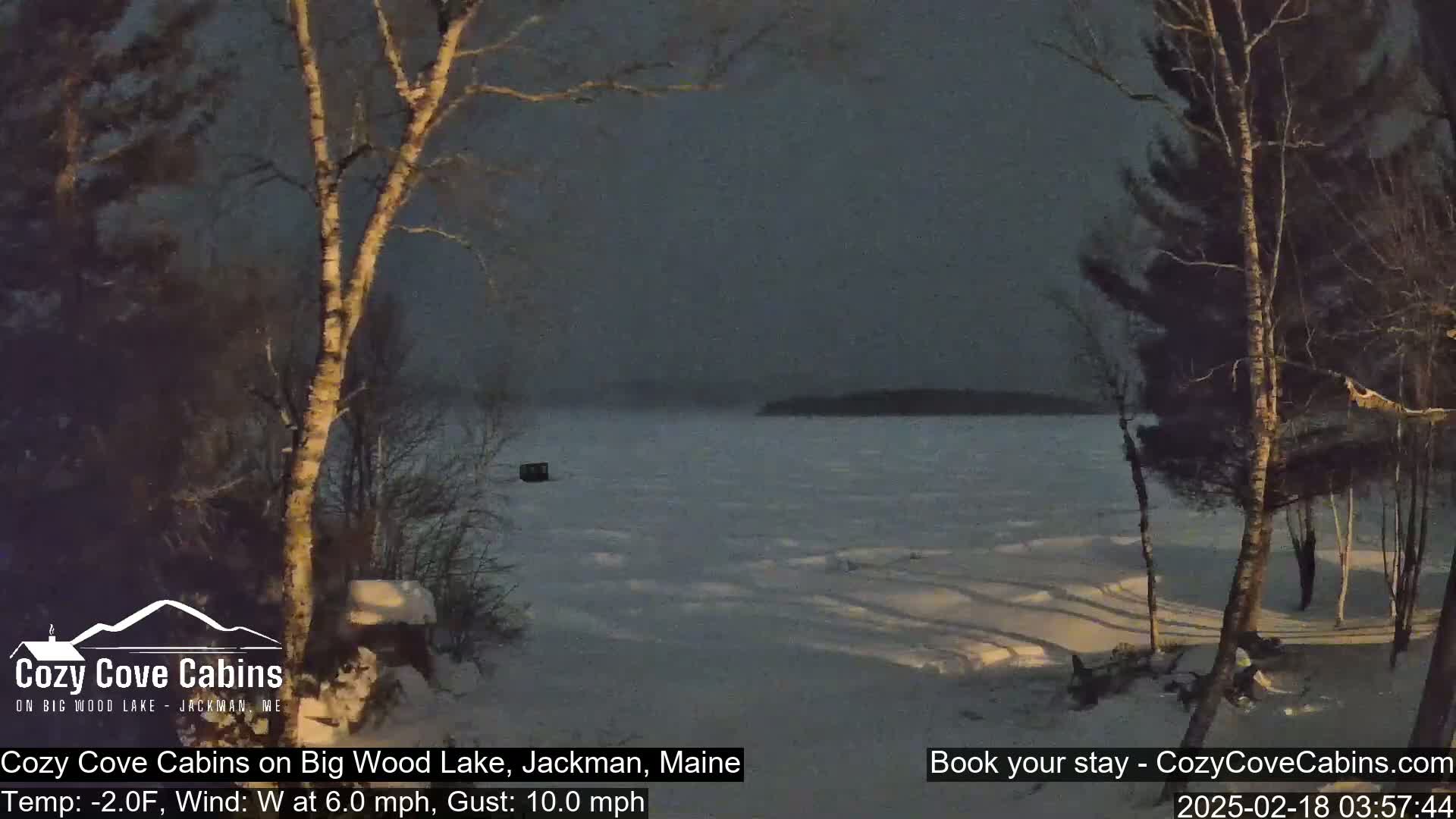 A snow-covered, frozen lake is visible at night from a snowy shoreline, with bare trees in the foreground under a dark, overcast sky.