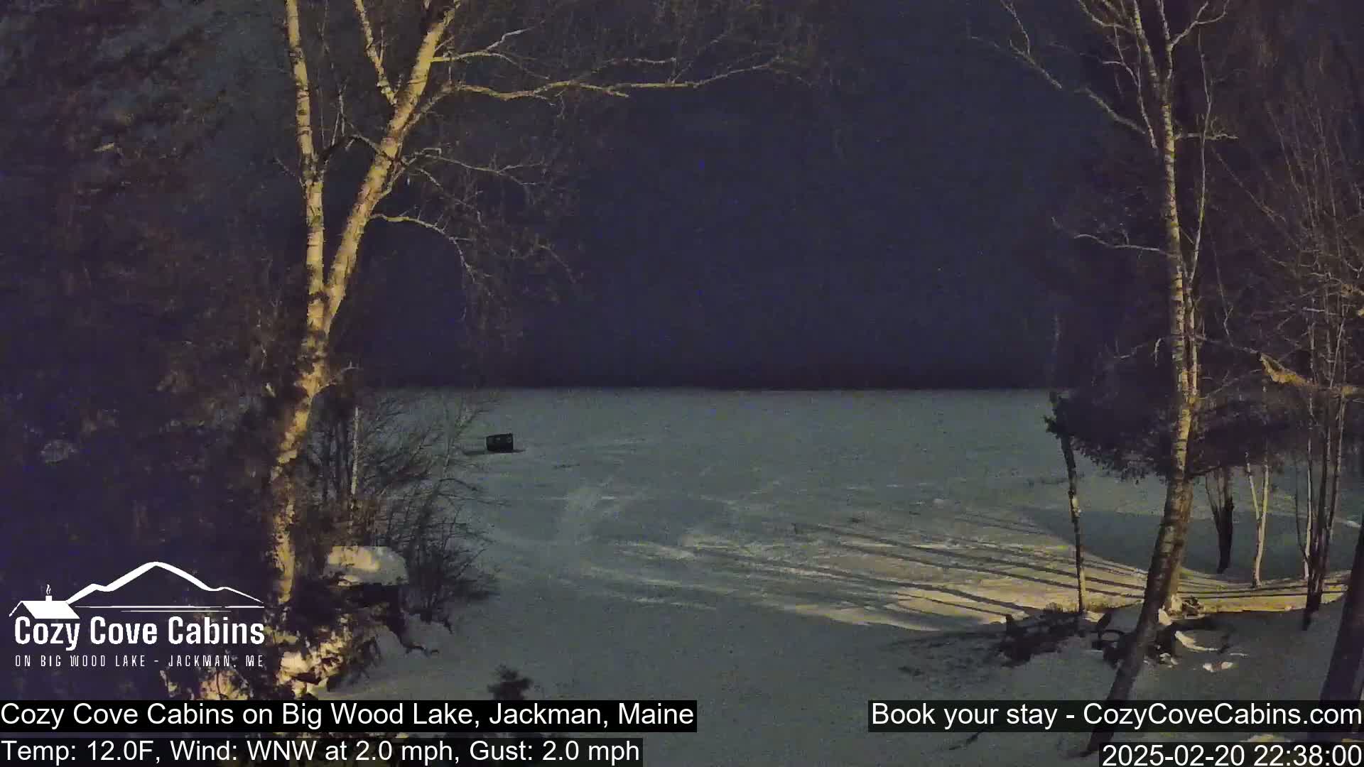 A nighttime view of a snow-covered lake, under a dark sky, with bare trees in the foreground.