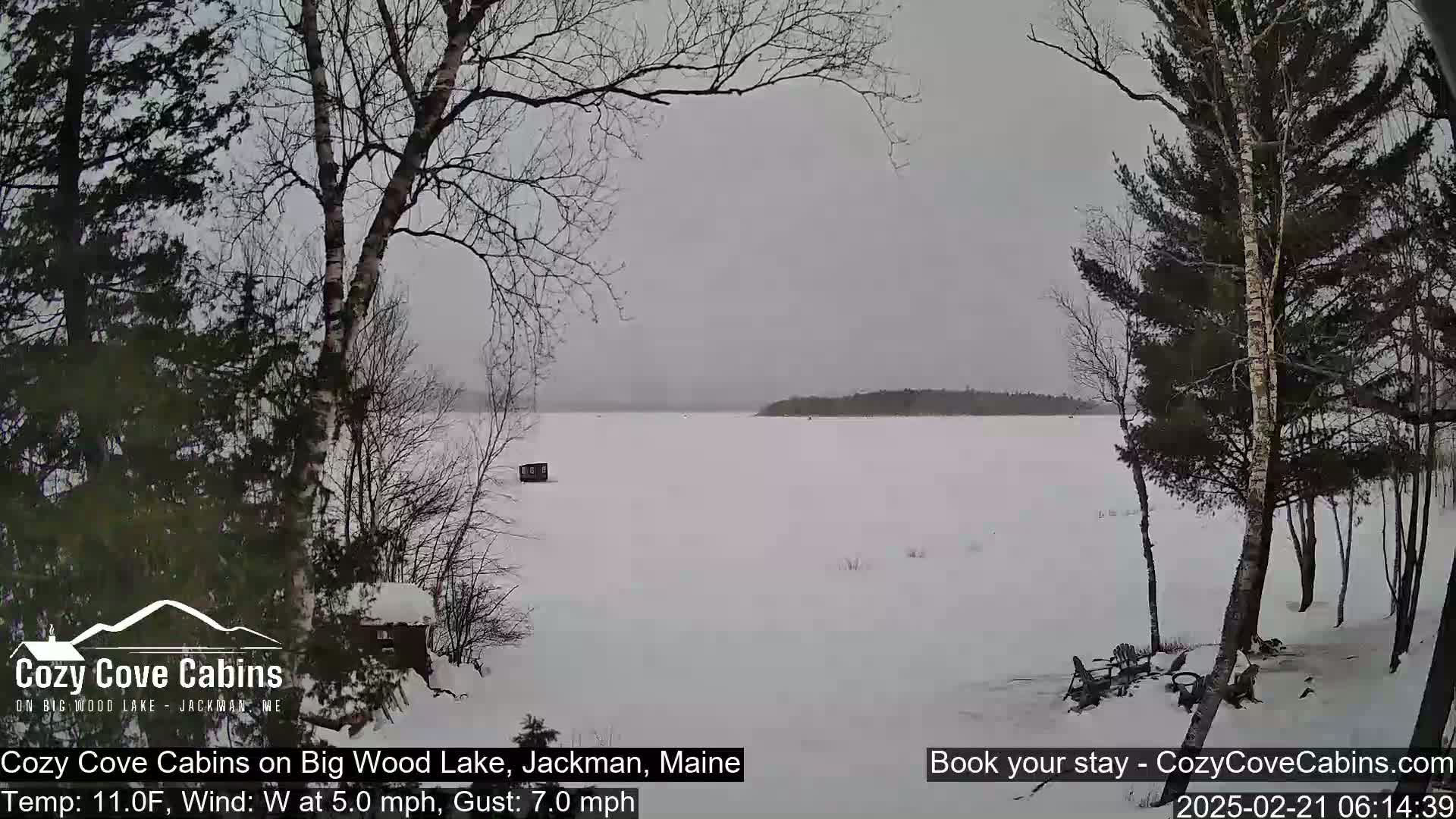 A snow-covered frozen lake is seen from a snowy shoreline, with bare trees and a small structure visible in the distance under a gray, overcast sky.