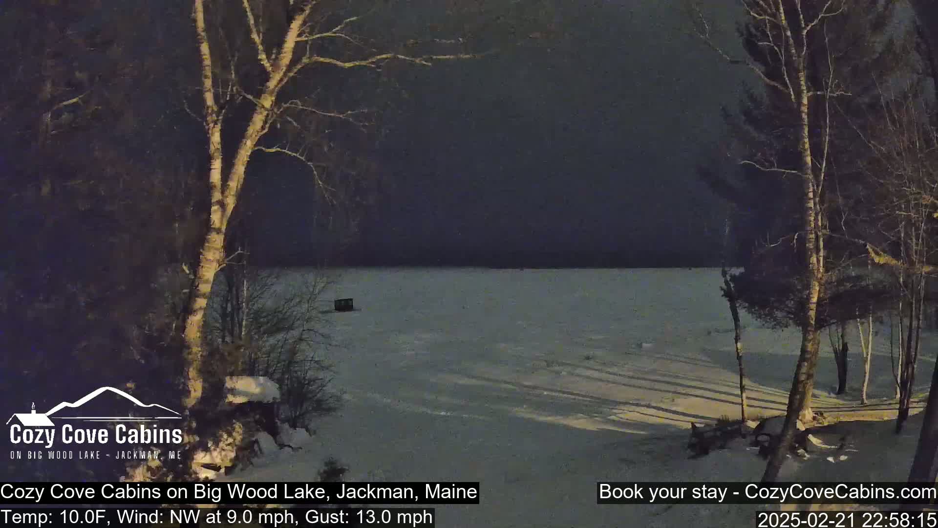 A snow-covered lake is visible at night under a dark sky, with bare trees in the foreground and a small structure on the ice.