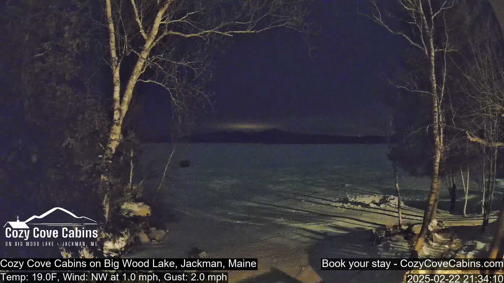 A nighttime view of a partially frozen lake under a dark sky, with bare trees in the foreground and a distant shoreline.