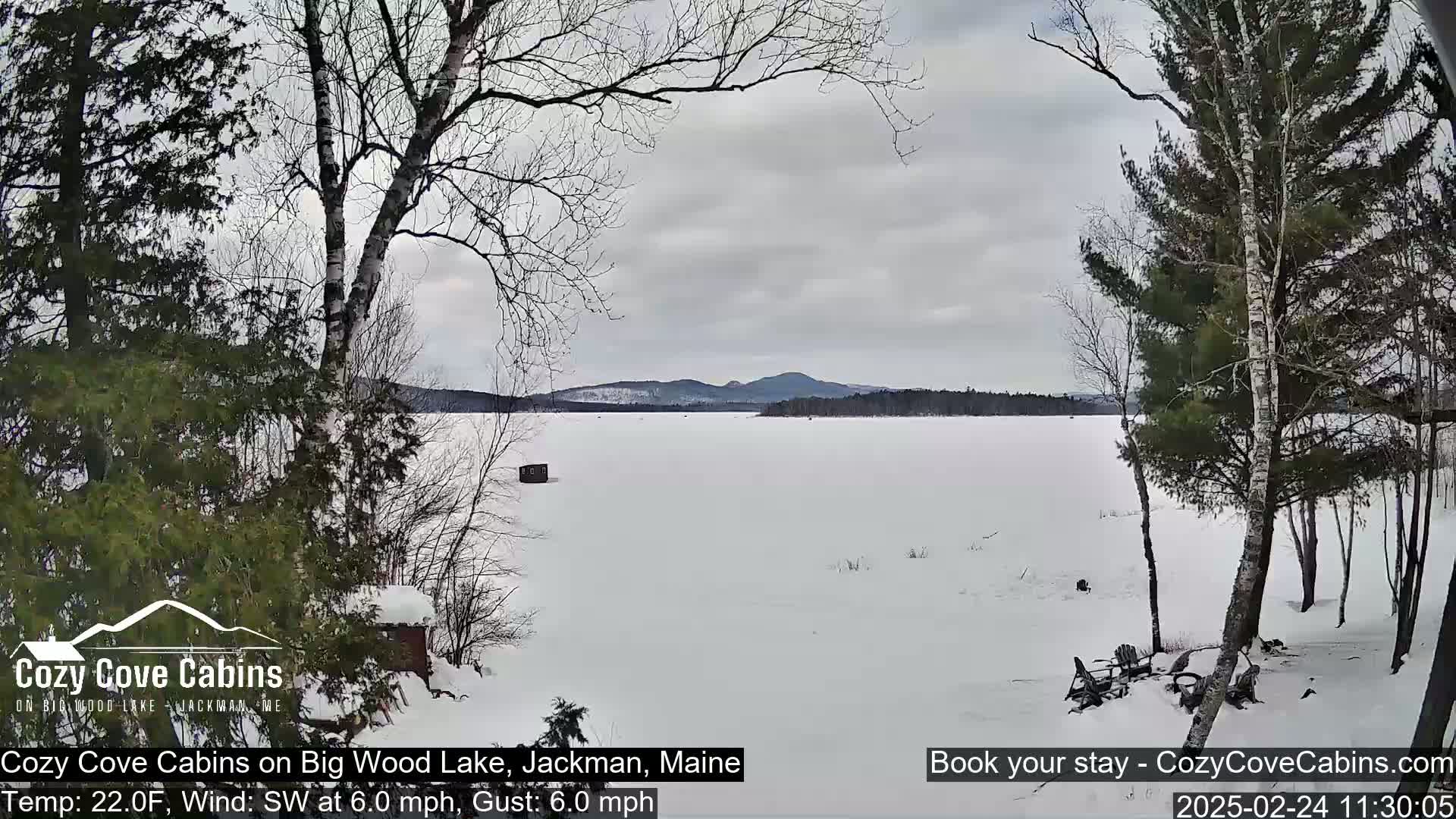 A snow-covered frozen lake is viewed from a snowy shoreline, with bare trees in the foreground and distant hills under a cloudy sky.