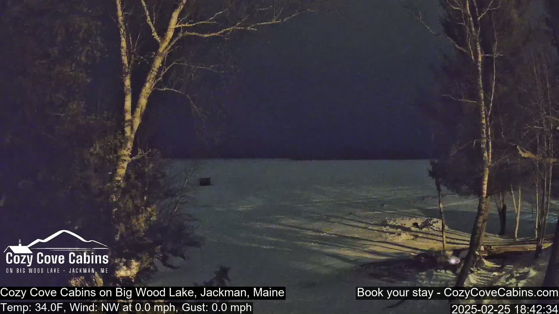 A nighttime view of a snow-covered lake, under a dark sky, with bare trees in the foreground.