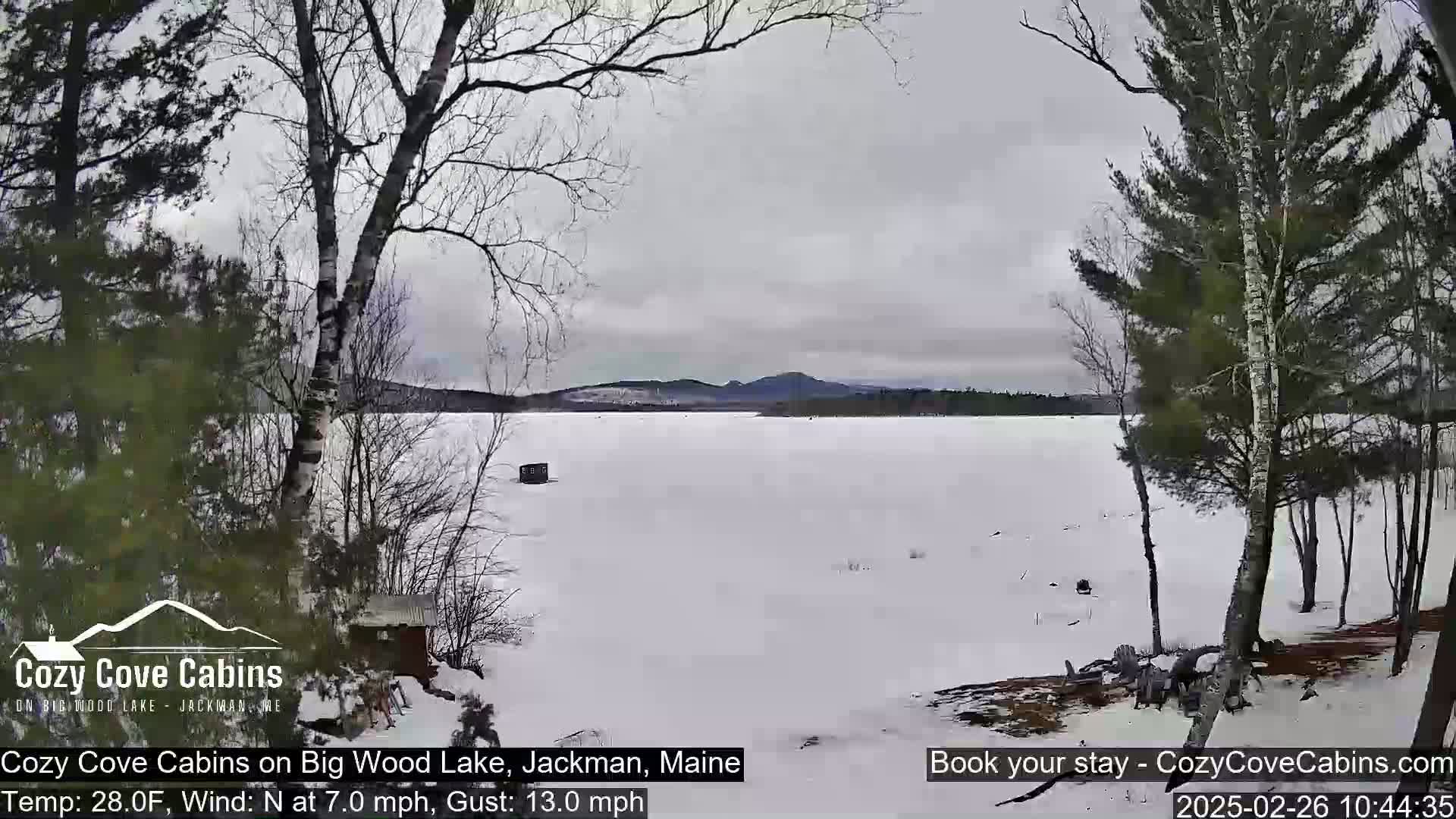 A snow-covered lake stretches to distant hills under an overcast sky, with bare trees lining the shoreline and a small structure visible on the ice.