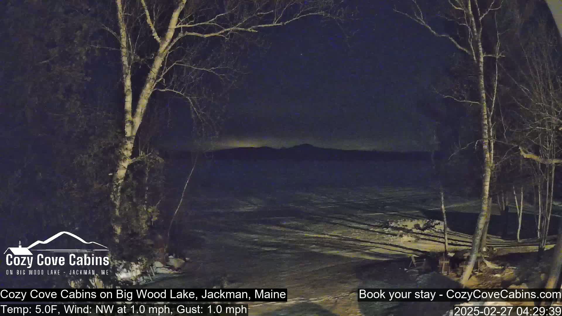 A nighttime view of a snow-covered lake under a dark sky, with bare trees in the foreground and distant mountains faintly visible on the horizon.