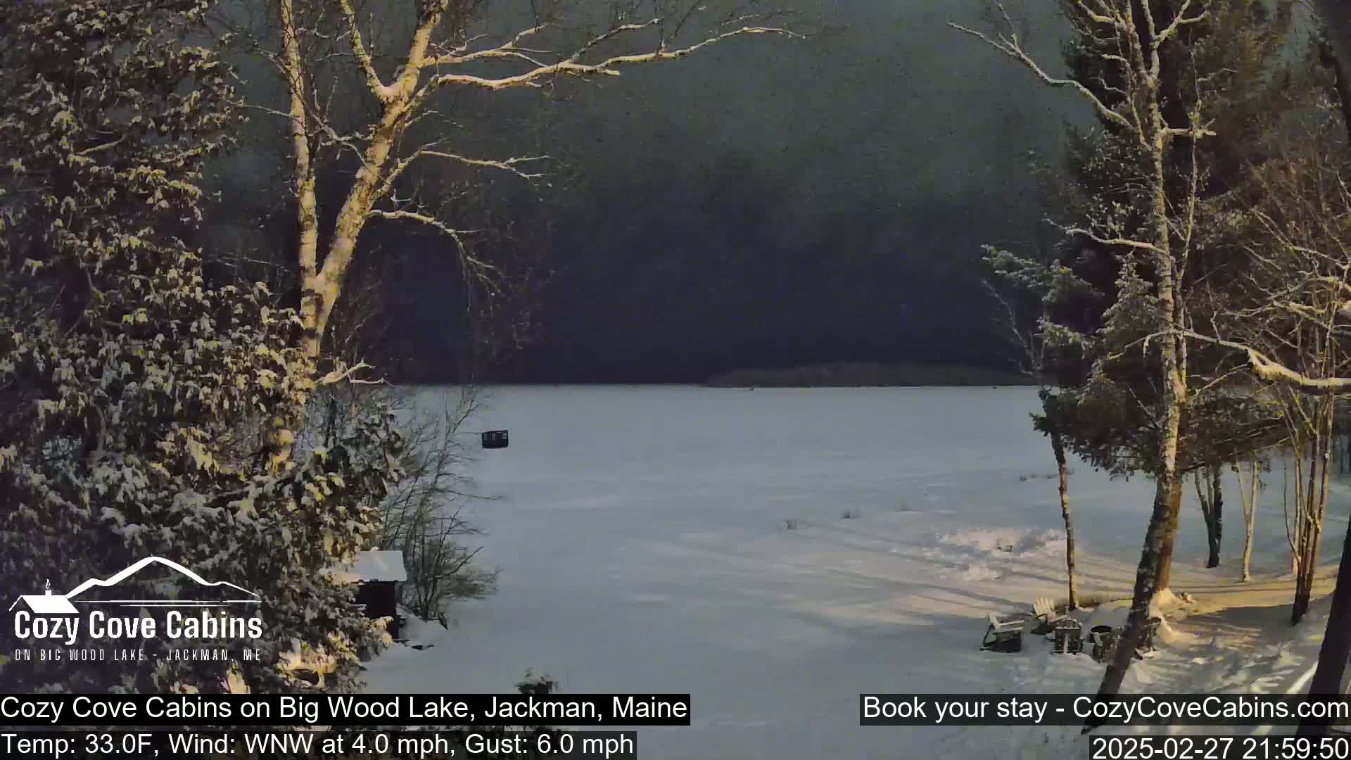 A snow-covered frozen lake is seen from a snowy lakeside vantage point, with leafless trees and a dark sky under lightly falling snow.