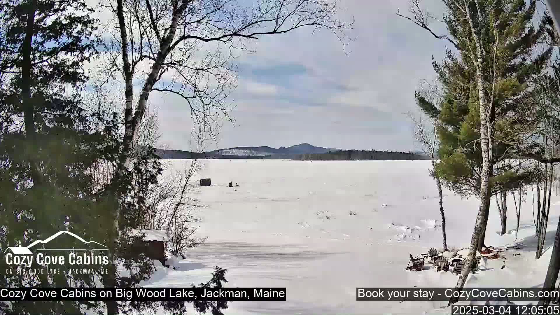 A snow-covered lake stretches to distant hills under a partly cloudy sky, viewed from a snowy shoreline with bare trees in the foreground.