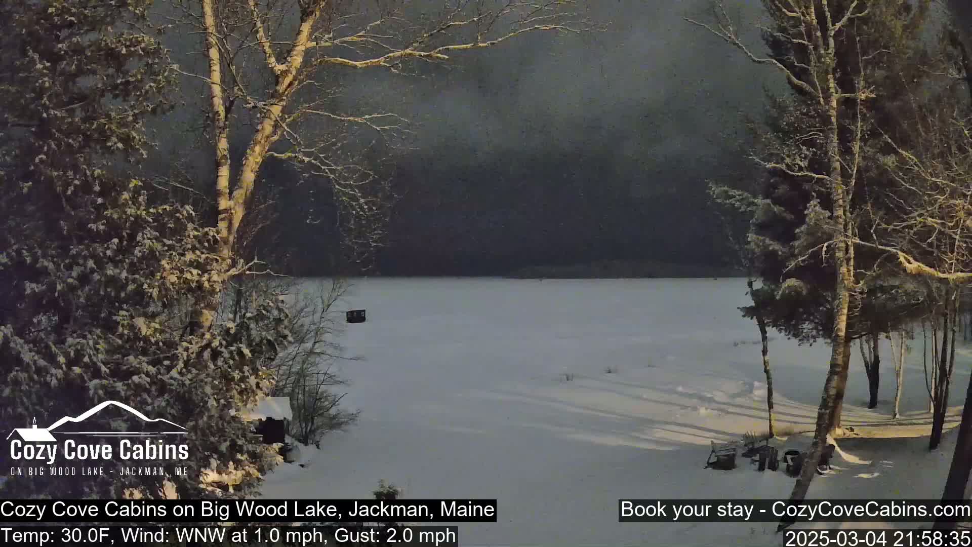 Snow-covered trees frame a view of a frozen lake under a dark, overcast sky.